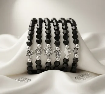 Black Crystal Beads Charm Bracelets Set of 6 – Silver Turtle Butterfly Star Stretch