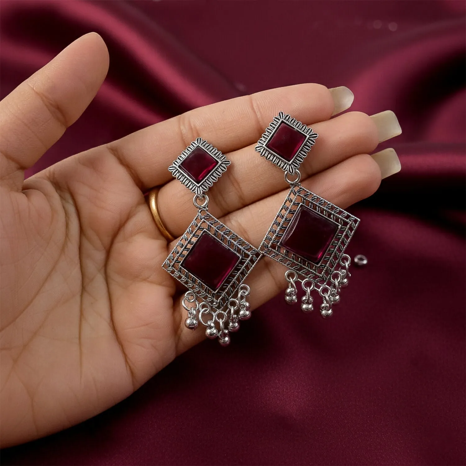 Premium Oxidised Indian Dangler Earrings – Red Square Monalisa Stones - Buy Online at Alikart