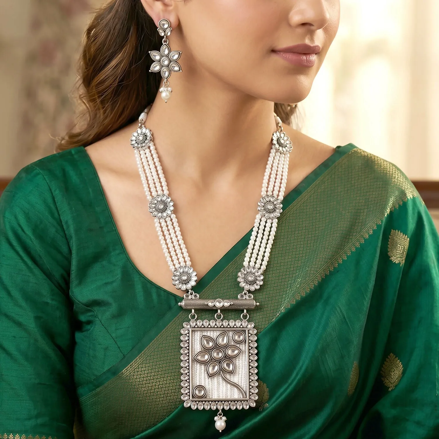 Silver & Pearl Necklace Set – Elegant Floral Pendant & Earrings - Detailed Feature View 2