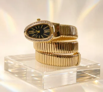 Gold Oval Snake Style Bracelet Watch with Black Dial and Crystal Border Design