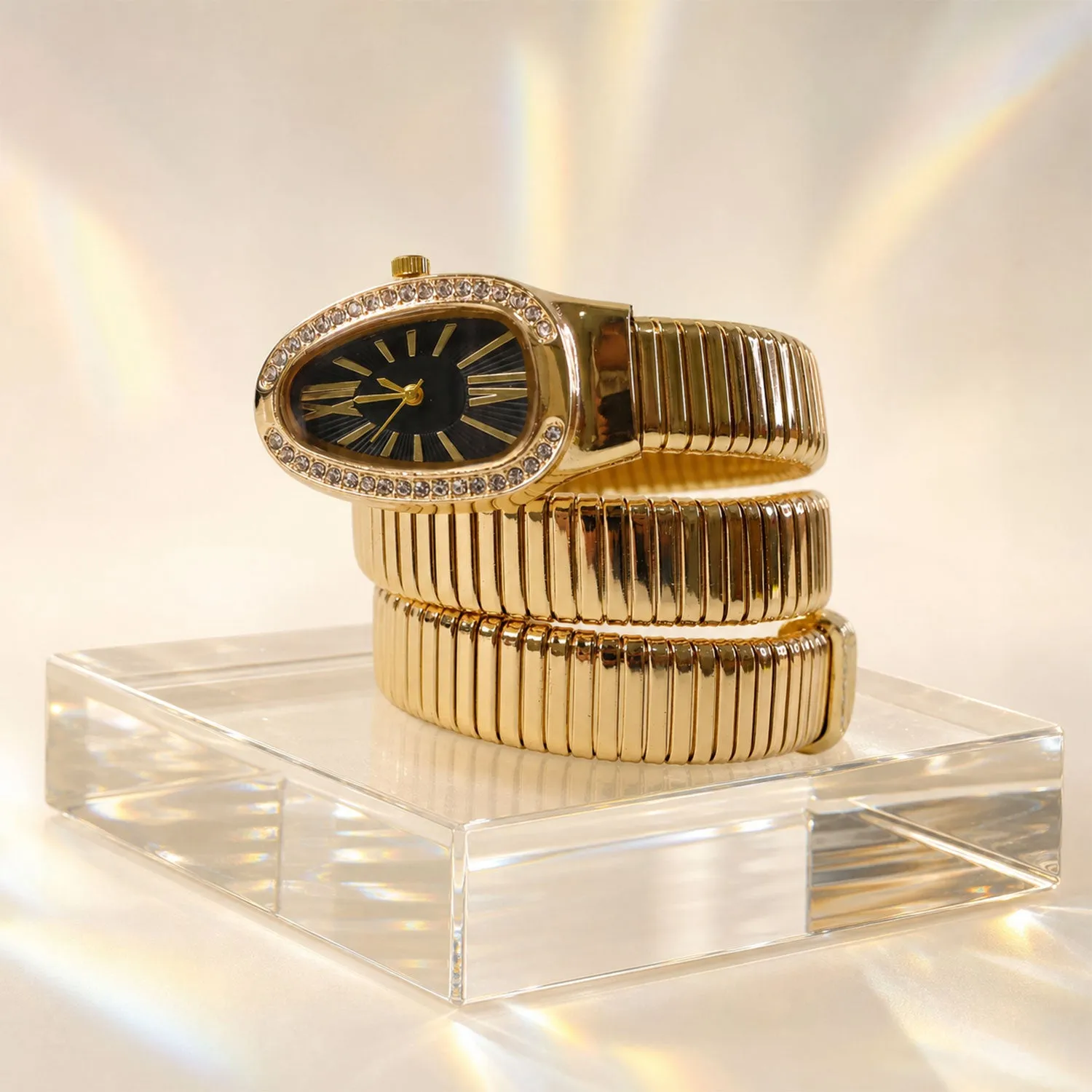 Premium Gold Oval Snake Style Bracelet Watch with Black Dial and Crystal Border Design - Buy Online at Alikart