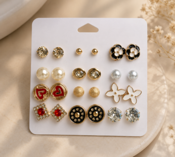 12 Pairs Women’s Stud Earrings Set – Stylish Pearl & Crystal