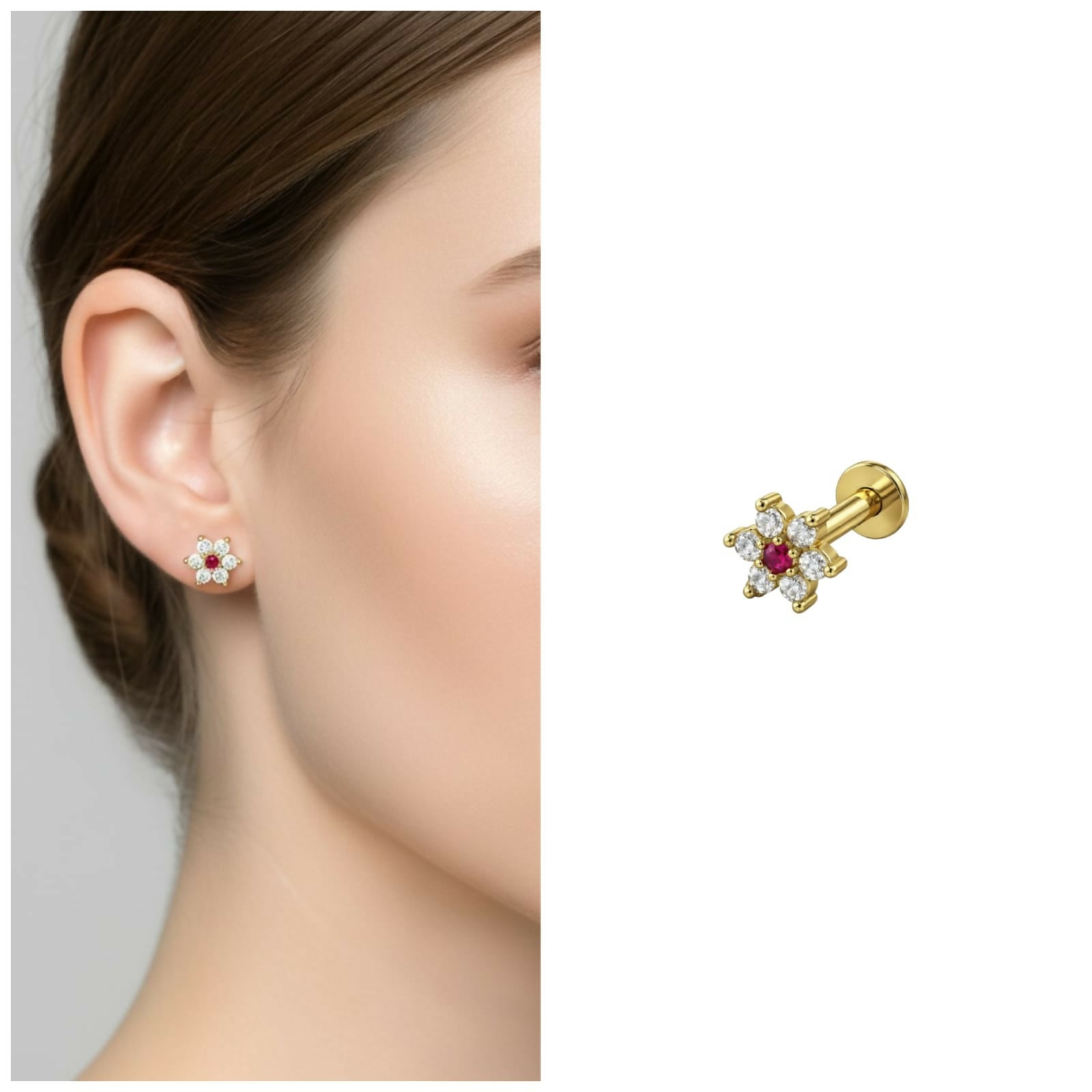 Premium 14K Gold Plated Floral Ruby Piercing Stud – Comfortable Flat Back Jewelry - Buy Online at Alikart