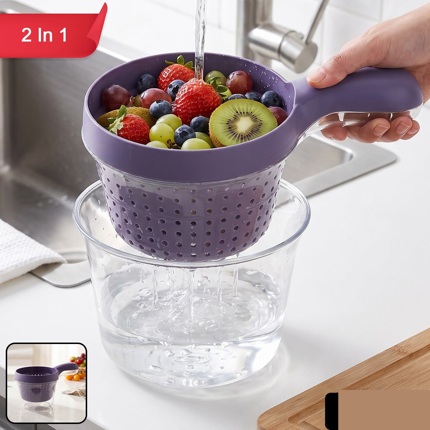 2-in-1 Kitchen Strainer Basket and Catch Bowl with Handle for Fruit and Vegetable Washing - Detailed Feature View 1