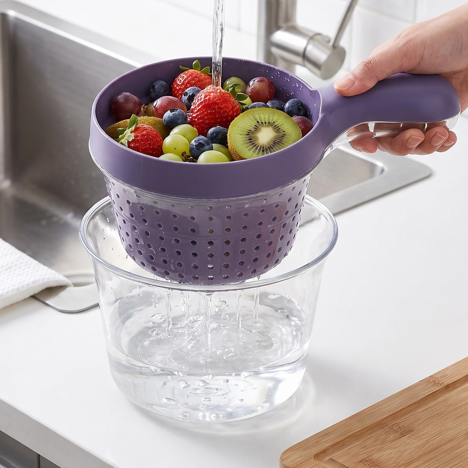 2-in-1 Kitchen Strainer Basket and Catch Bowl with Handle for Fruit and Vegetable Washing - Detailed Feature View 2