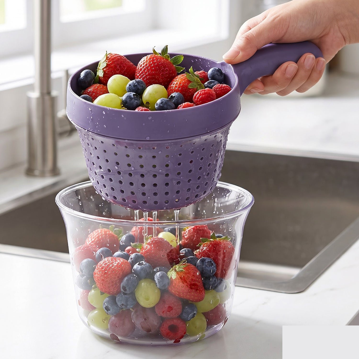 2-in-1 Kitchen Strainer Basket and Catch Bowl with Handle for Fruit and Vegetable Washing - Detailed Feature View 6
