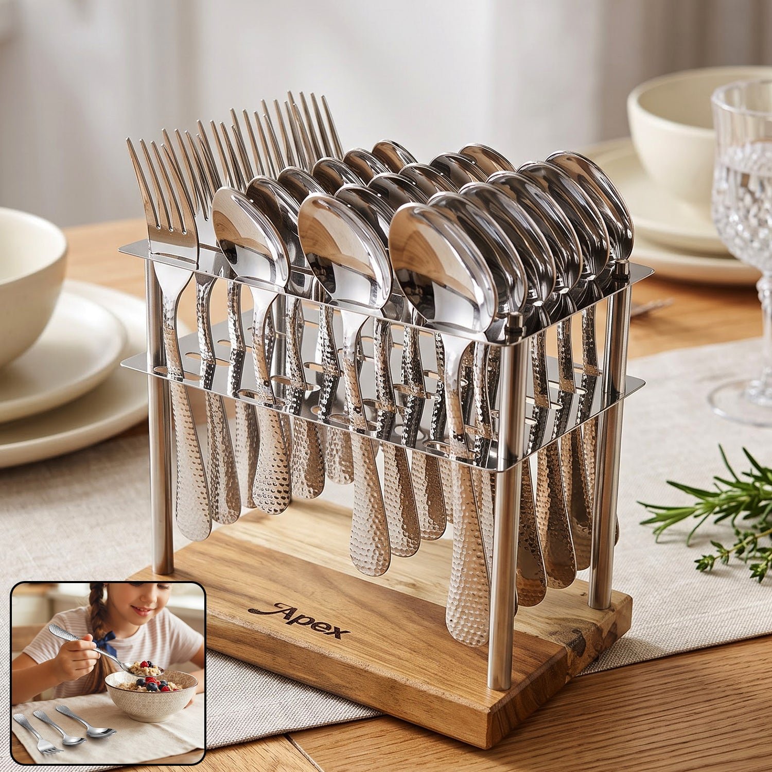 Premium 24-Piece Hammered Stainless Steel Cutlery Set with Elegant Wooden Stand - Buy Online at Alikart