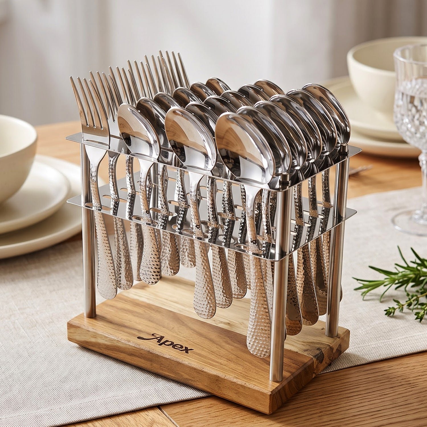 24-Piece Hammered Stainless Steel Cutlery Set with Elegant Wooden Stand - Detailed Feature View 2
