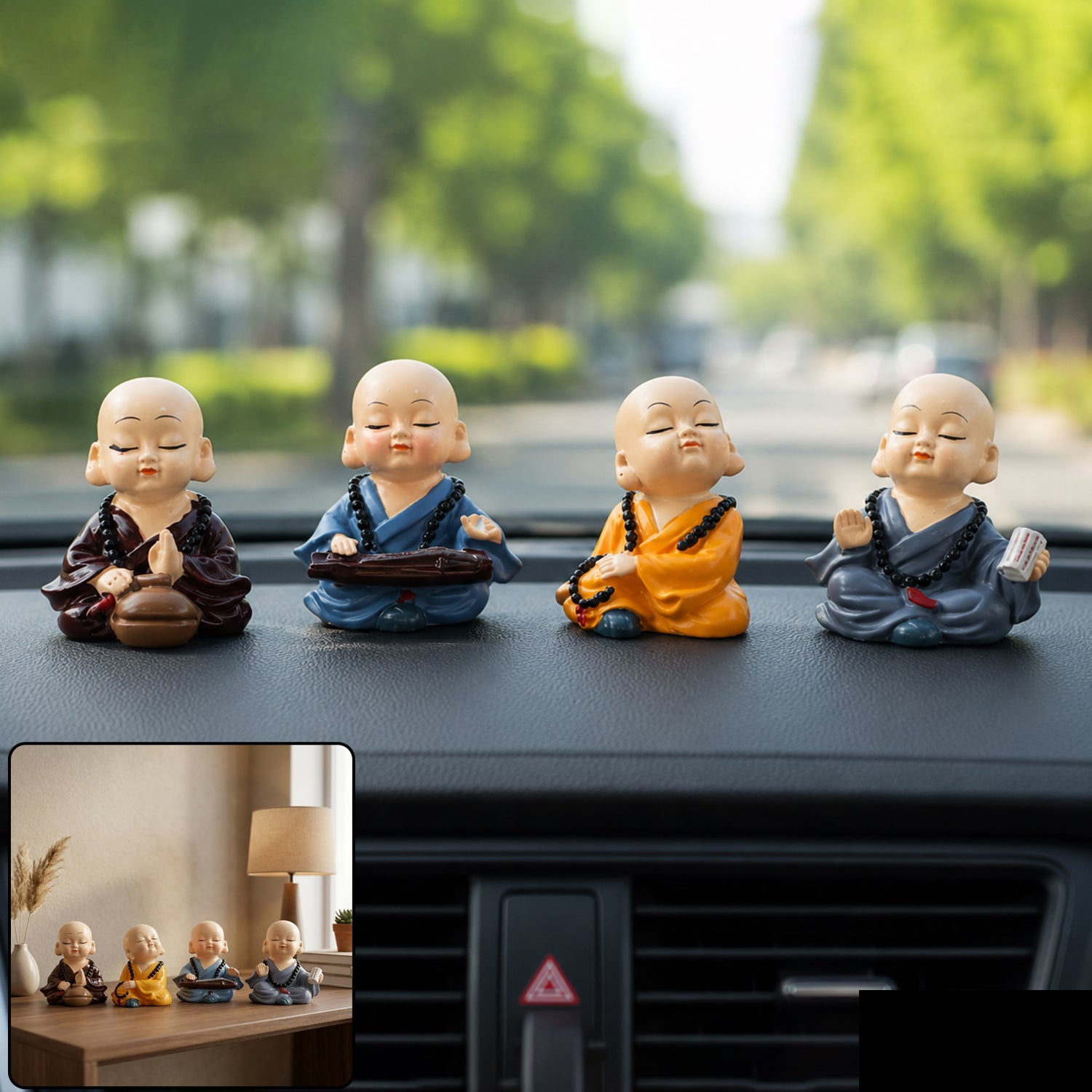 Premium 4-Piece Serene Little Monk Buddha Figurine Set for Car Dashboard & Home Accent - Buy Online at Alikart