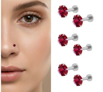 6-Piece Ruby Red Crystal Labret Stud Set in Silver Finish