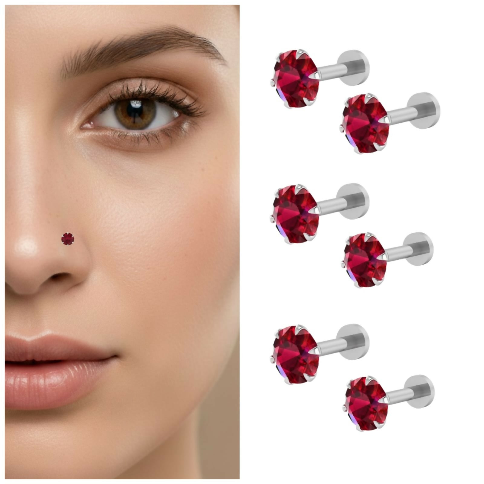 Premium 6-Piece Ruby Red Crystal Labret Stud Set in Silver Finish - Buy Online at Alikart