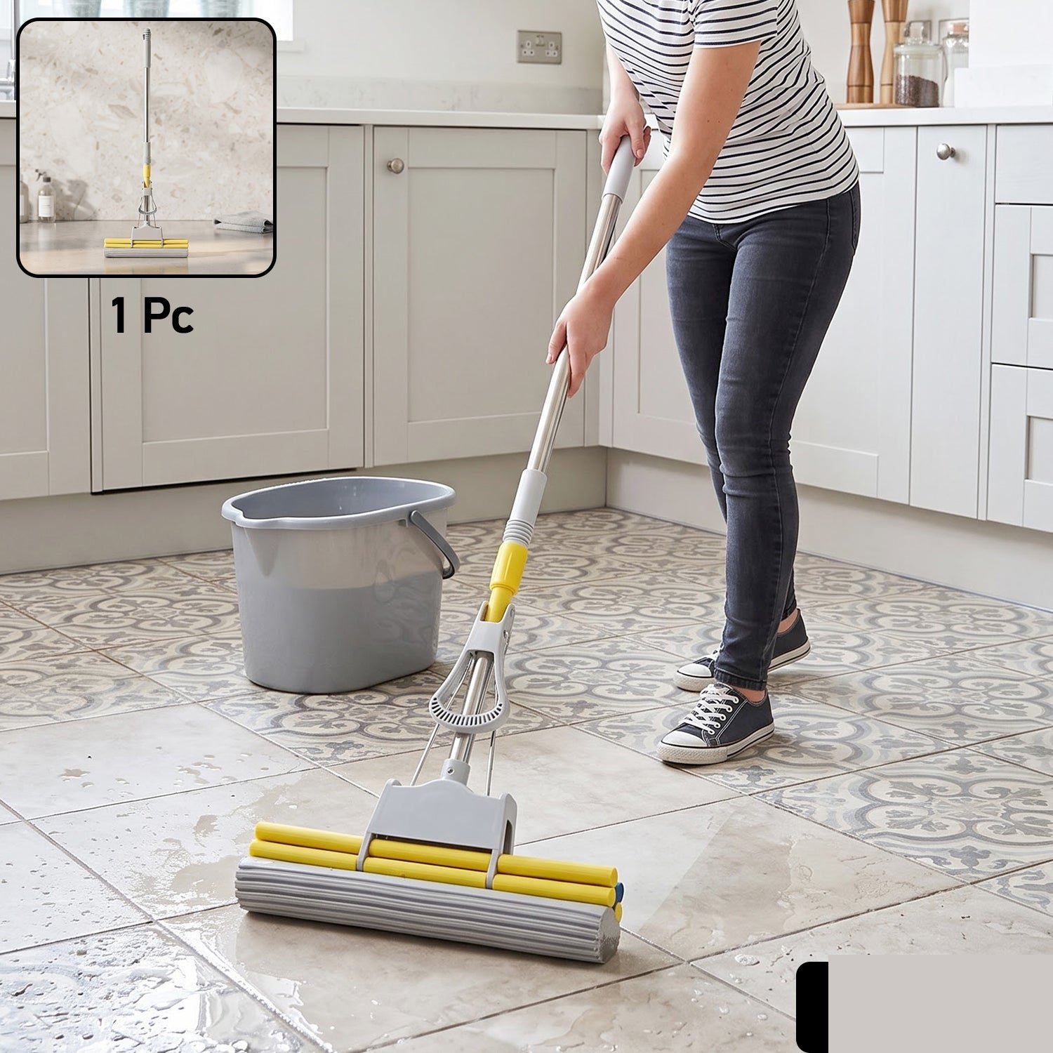 Adjustable Telescopic Sponge Mop with Integrated Hands-Free Wringer - Detailed Feature View 1