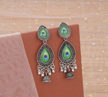 Artisan Silver Peacock Drop Jhumka Earrings with Enamel Work