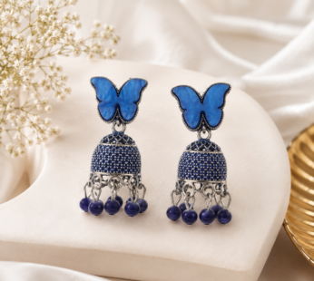 Blue Butterfly Jhumka Earrings, Silver Dome with Blue Bead Drops for Festive Wear