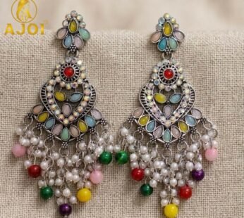 Bohemian Oxidized Statement Dangle Earrings with Pastel Beads and Pearl Accents