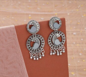 Boho Peacock Mirror Work Jhumka Earrings in Antique Silver