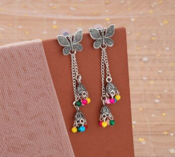 Boho Silver Butterfly Chain Jhumka Earrings for Festive Occasions
