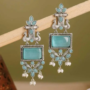 Premium Boho Vintage Oxidized Silver Dangle Earrings with Blue Gemstones & Pearls - Buy Online at Alikart