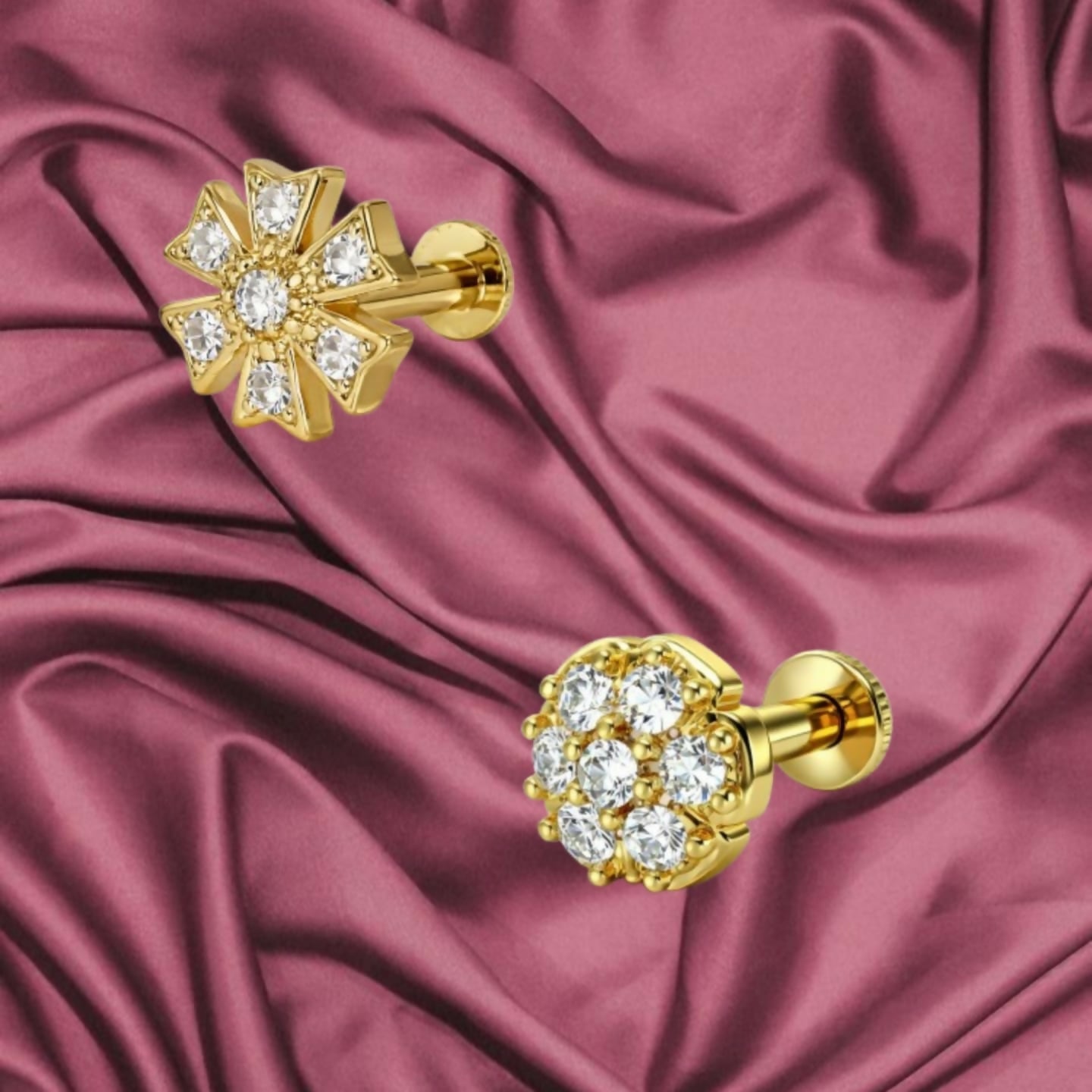 Celestial Starburst Gold-Plated Flat Back Nose Stud Set - Detailed Feature View 1