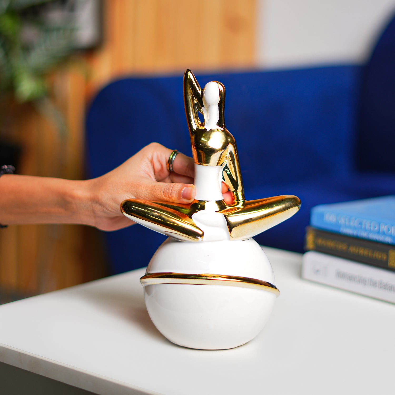 Ceramic Abstract Figurine Decor Object in White & Golden - Detailed Feature View 4