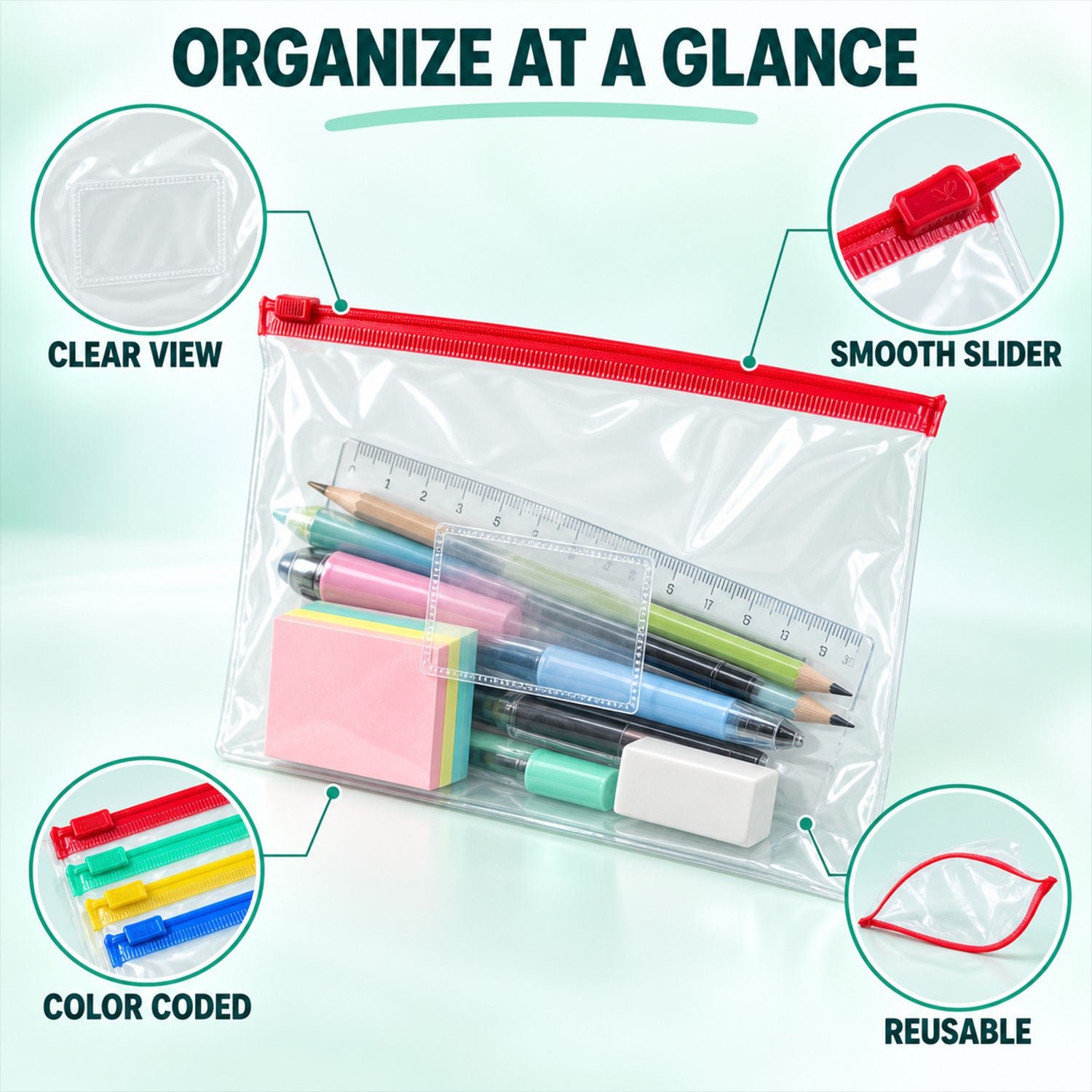 Clear View Zipper Storage Pouches - Multipurpose Document & Stationery Organizers - Detailed Feature View 7
