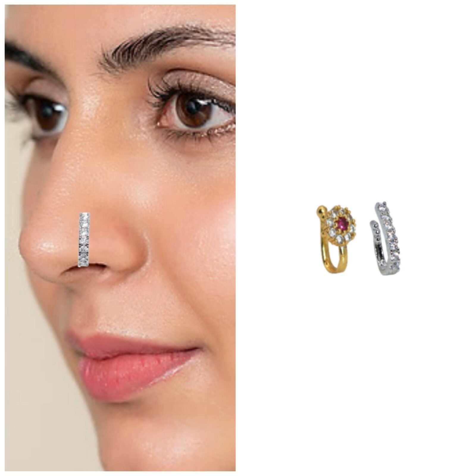 Premium Clip-On Nose Pin Set – Gold Floral & Silver CZ Studs Combo - Buy Online at Alikart