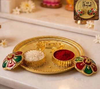 Cow Design Kankavati Kumkum Holder, Golden Pooja Thali with Compartments