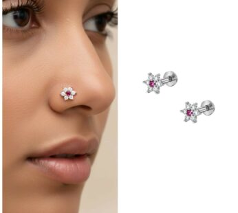 Dainty Silver-Plated Ruby Floral Nose Studs – 2 Piece Set