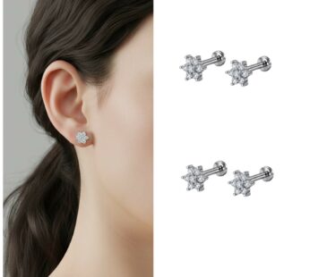 Dazzling Crystal Floral Labret Stud Earrings Set – Silver Plated Cartilage Piercing Jewelry