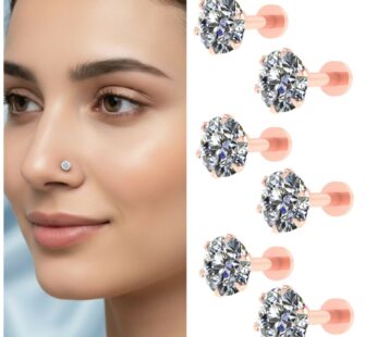 Dazzling Rose Gold Flat Back Nose Stud Set – 6-Piece Labret Piercing Combo