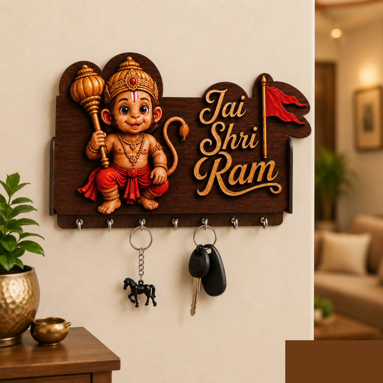 Premium Devotional Bal Hanuman Wooden Key Organizer – Jai Shri Ram Wall-Mounted Key Hanger - Buy Online at Alikart