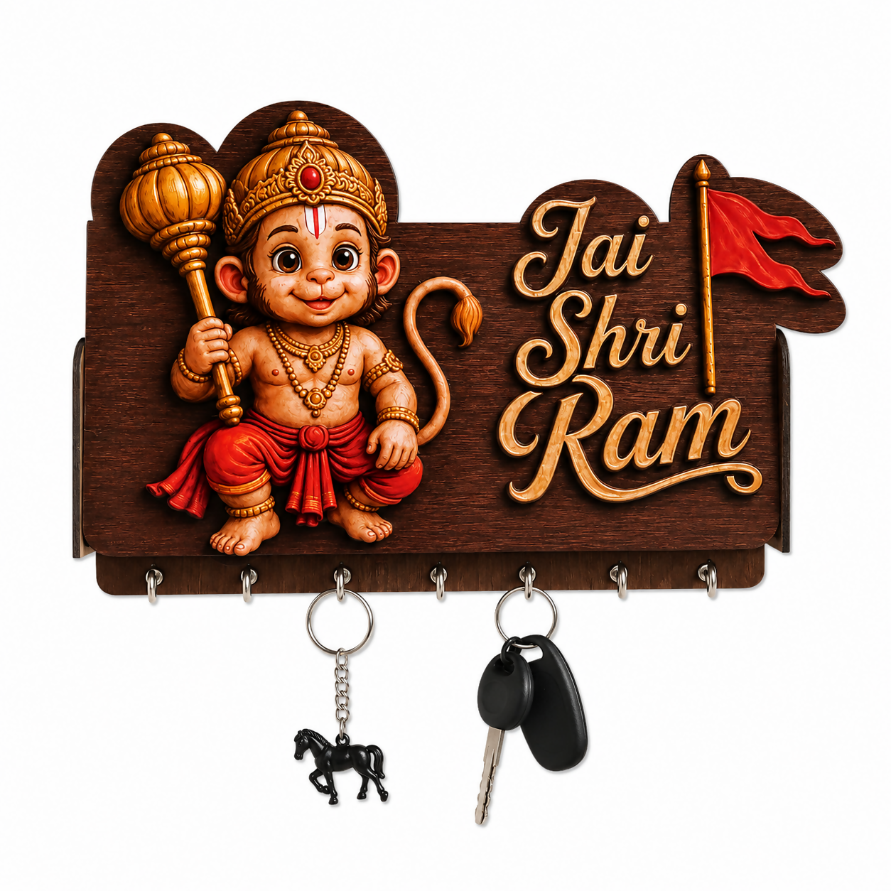 Devotional Bal Hanuman Wooden Key Organizer – Jai Shri Ram Wall-Mounted Key Hanger - Detailed Feature View 1