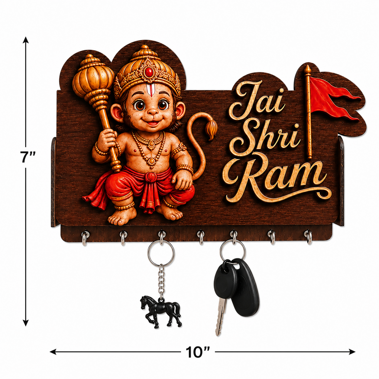 Devotional Bal Hanuman Wooden Key Organizer – Jai Shri Ram Wall-Mounted Key Hanger - Detailed Feature View 2