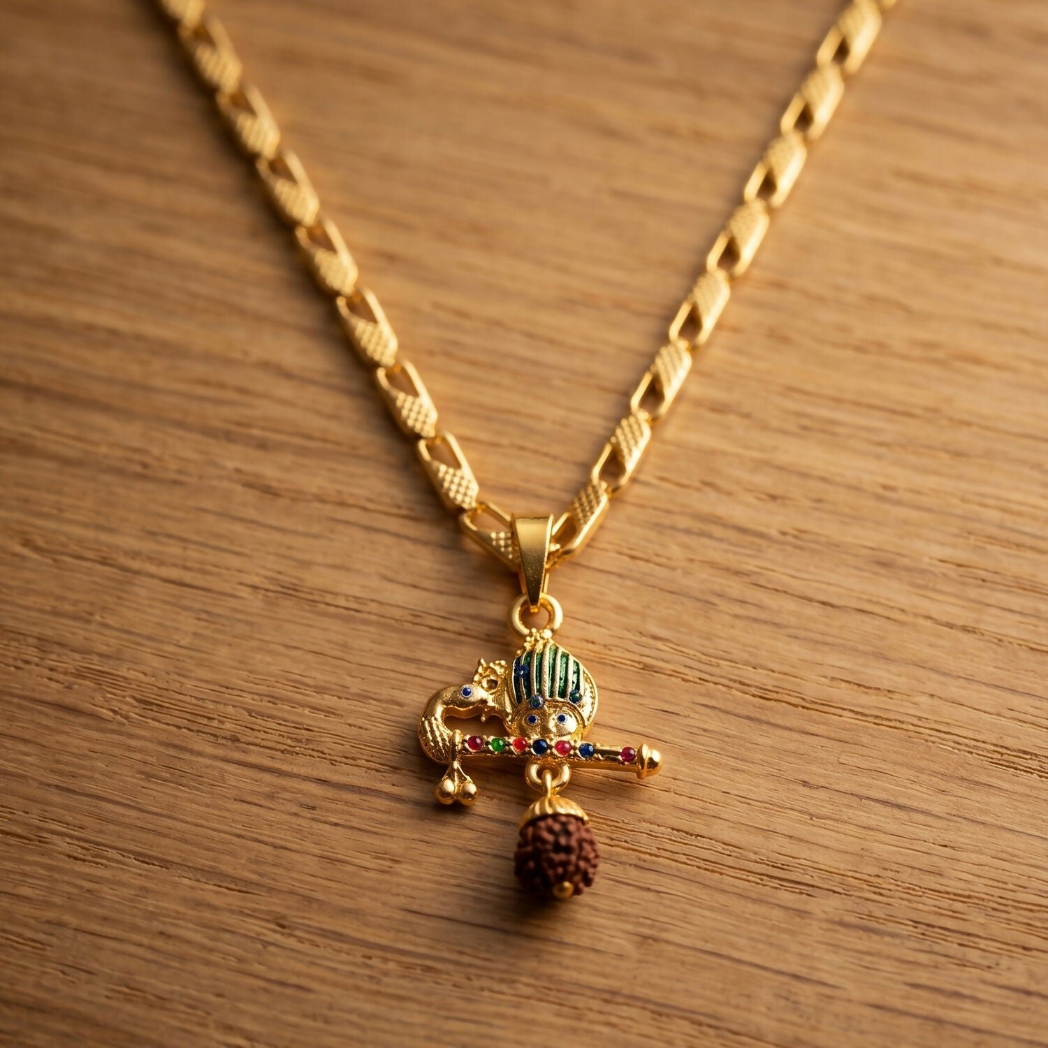 Divine Krishna-Inspired Rudraksha Pendant with Flute and Peacock Feather Motif - Detailed Feature View 1