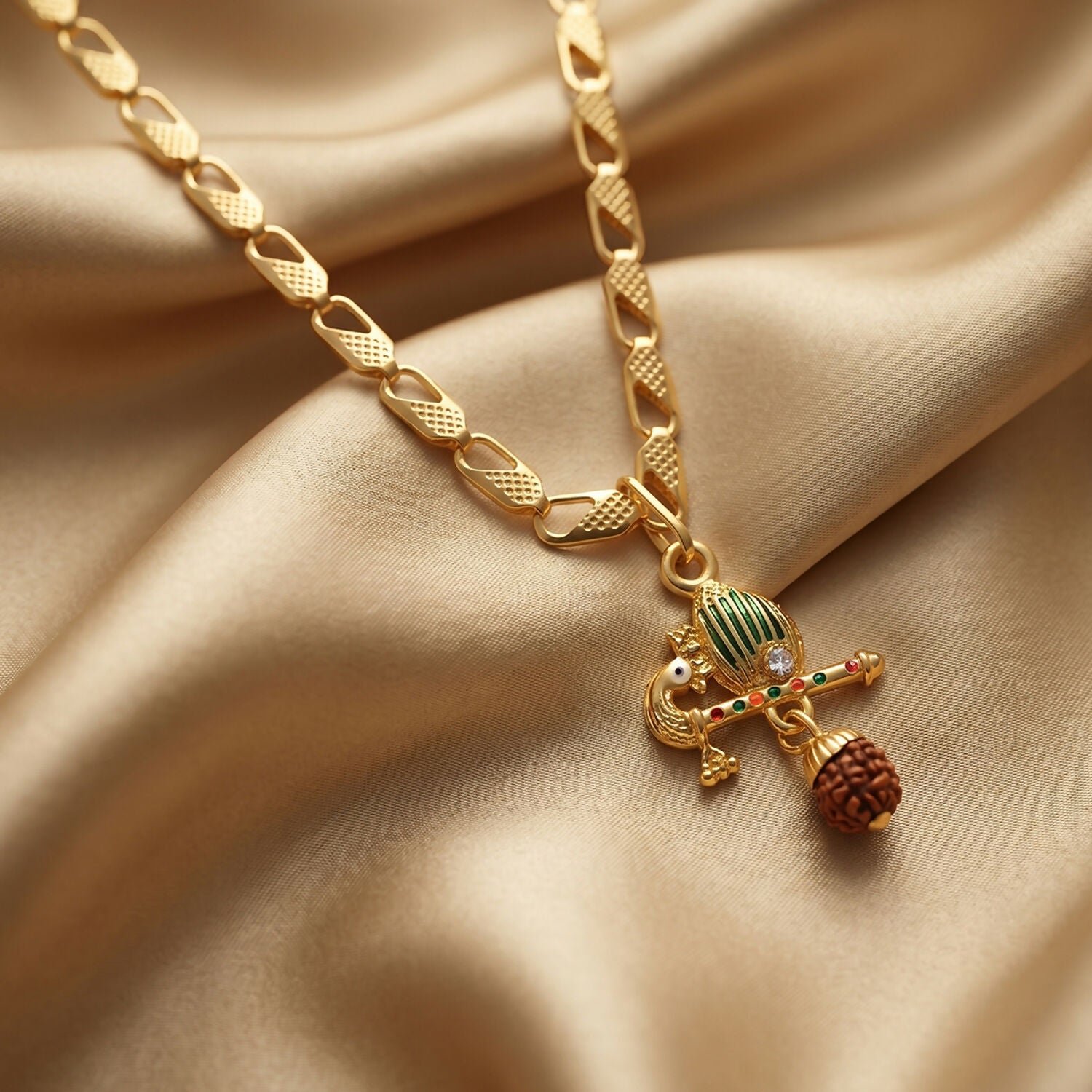 Divine Krishna-Inspired Rudraksha Pendant with Flute and Peacock Feather Motif - Detailed Feature View 5