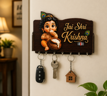Divine Krishna Wooden Wall-Mounted Key Organizer for Home Decor