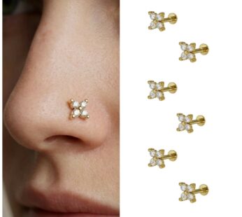 Elegant Clover Cubic Zirconia Flat Back Nose Stud Set – 6 Piece Gold-Plated Collection