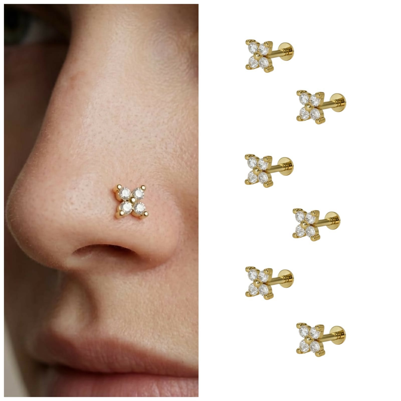 Premium Elegant Clover Cubic Zirconia Flat Back Nose Stud Set - 6 Piece Gold-Plated Collection - Buy Online at Alikart
