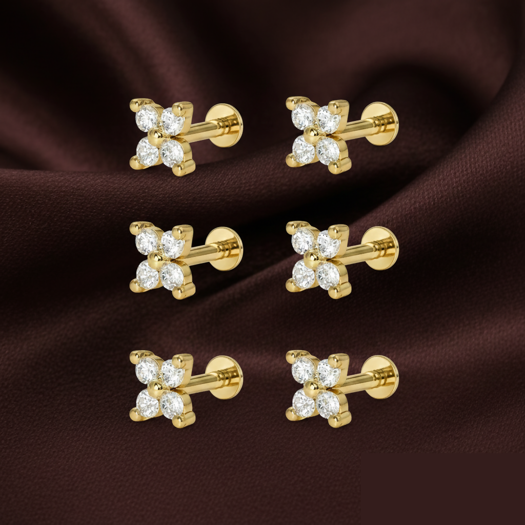 Elegant Clover Cubic Zirconia Flat Back Nose Stud Set - 6 Piece Gold-Plated Collection - Detailed Feature View 1