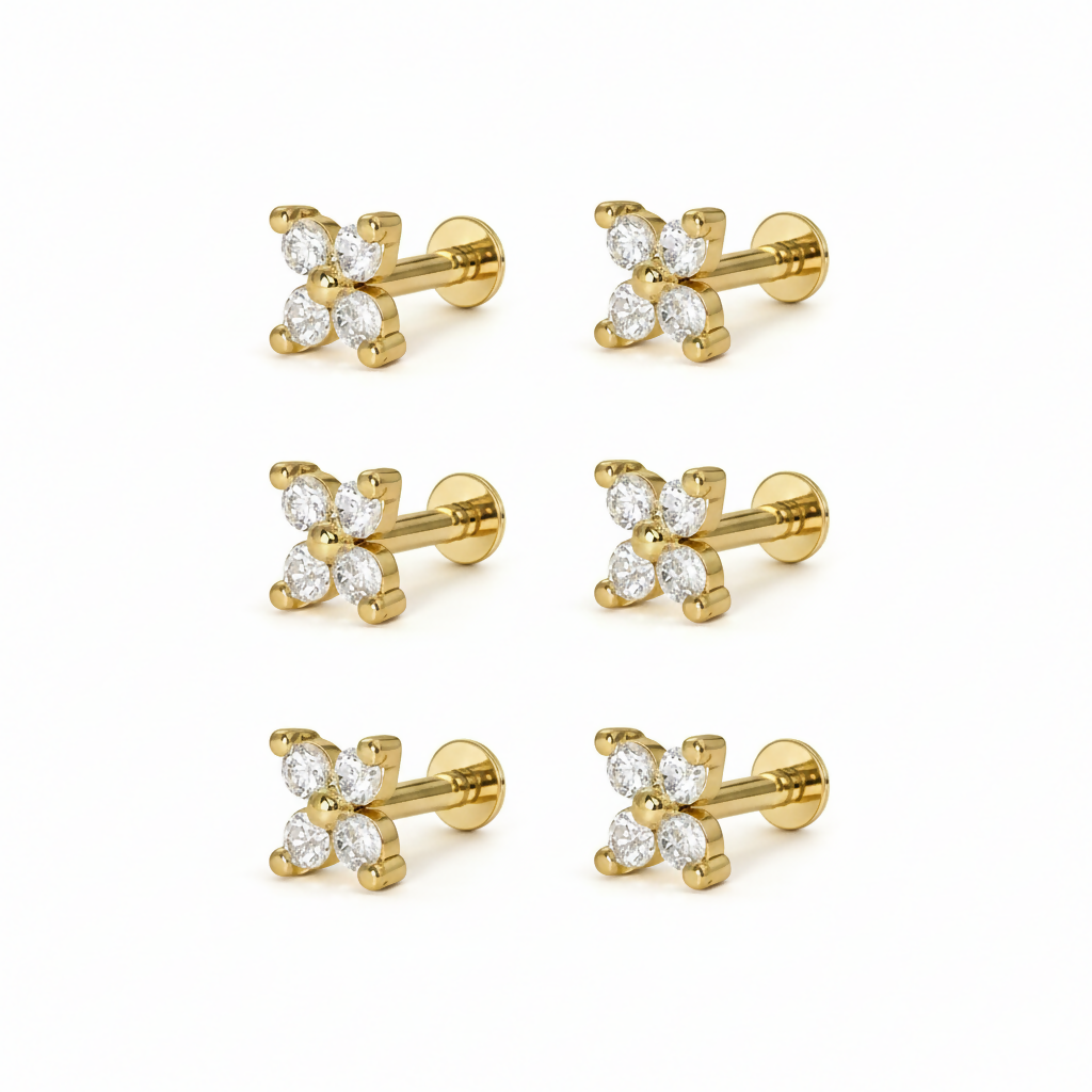 Elegant Clover Cubic Zirconia Flat Back Nose Stud Set - 6 Piece Gold-Plated Collection - Detailed Feature View 2