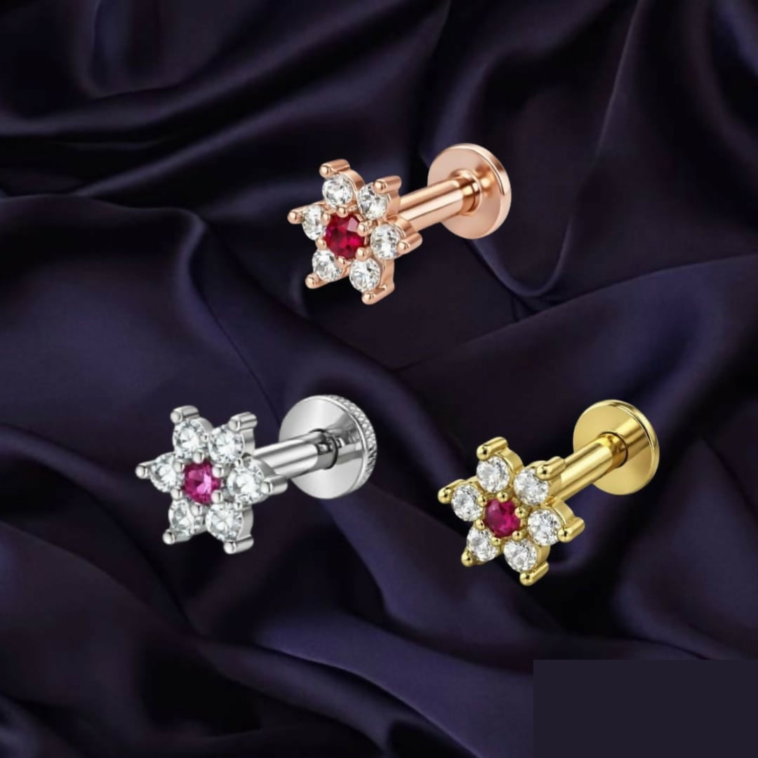 Premium Elegant Floral Ruby Gemstone Nose & Ear Stud Set – Trio Pack - Buy Online at Alikart