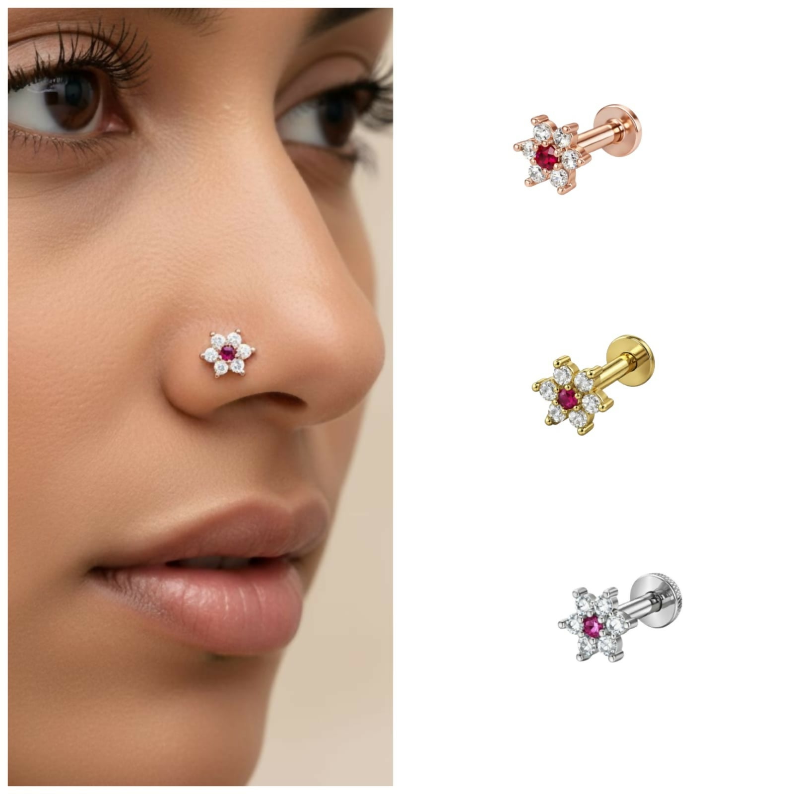 Elegant Floral Ruby Gemstone Nose & Ear Stud Set – Trio Pack - Detailed Feature View 1