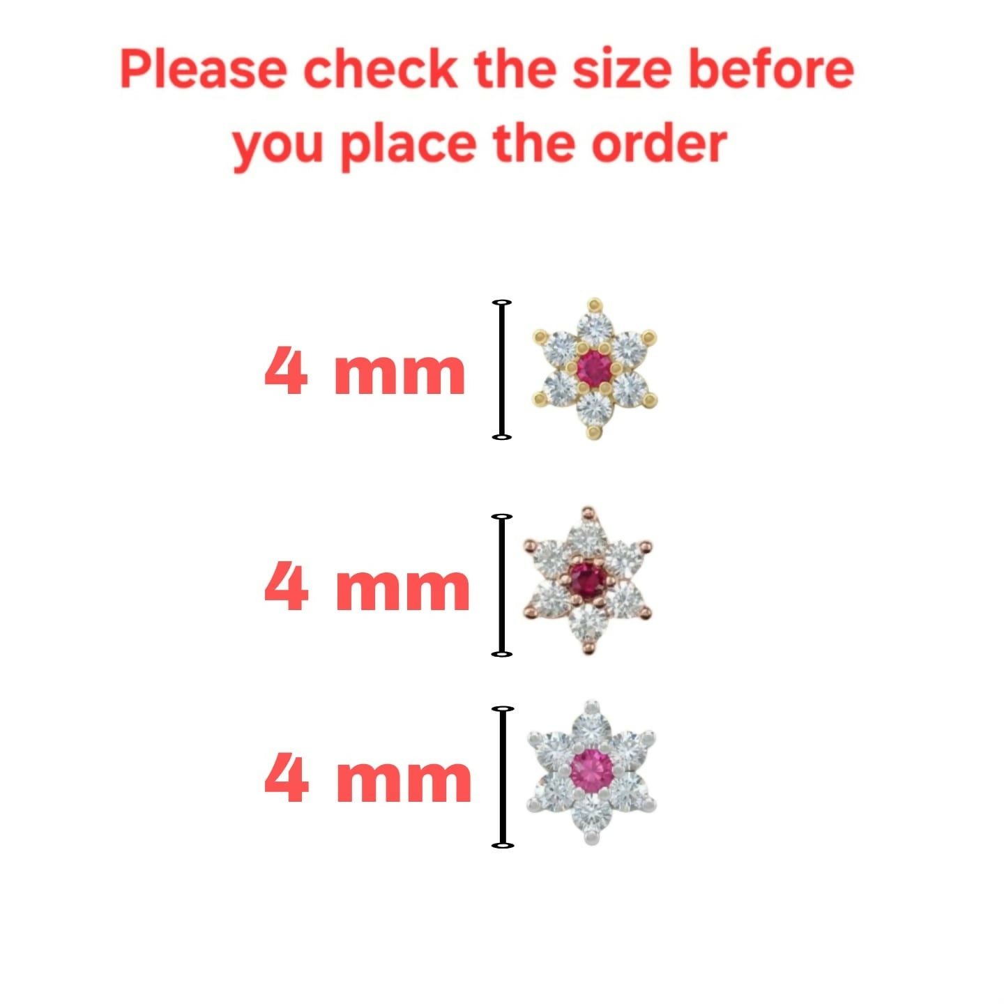 Elegant Floral Ruby Gemstone Nose & Ear Stud Set – Trio Pack - Detailed Feature View 2