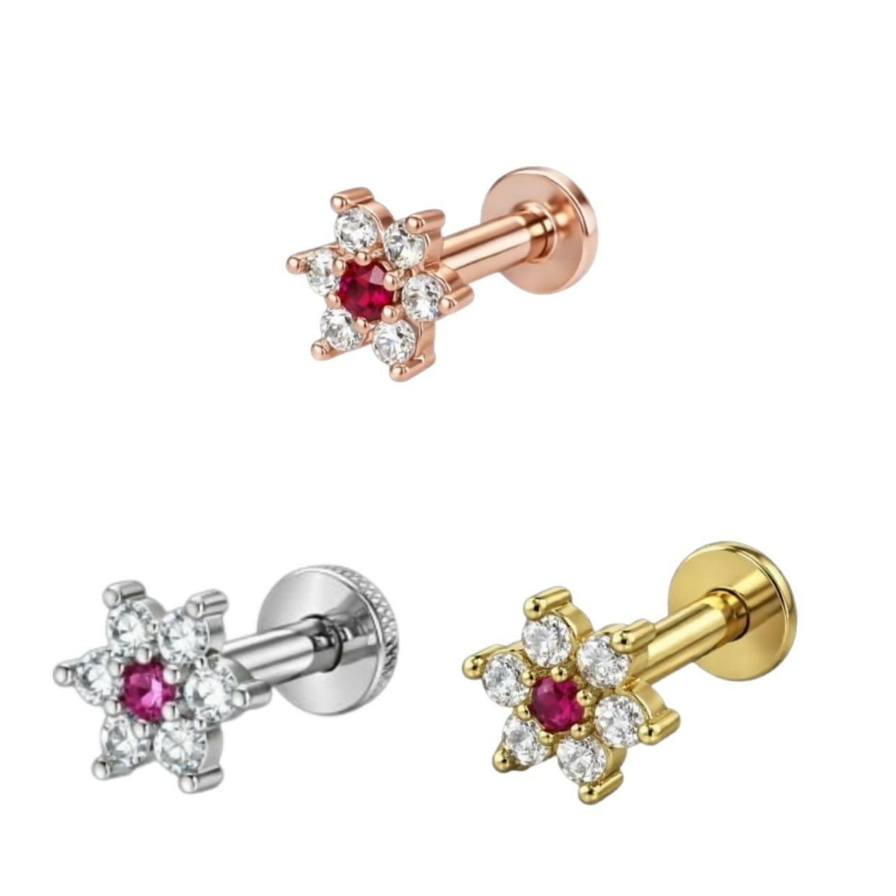 Elegant Floral Ruby Gemstone Nose & Ear Stud Set – Trio Pack - Detailed Feature View 3