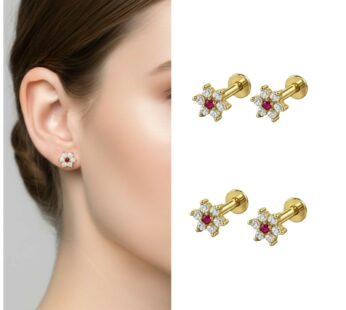 Elegant Gold-Plated Ruby Floral Stud Earrings – Comfortable Multi-Piercing Set (2 Pairs)