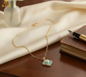 Elegant Gold-Tone Floral Pendant Necklace with Mint Enamel and Pearl Accent