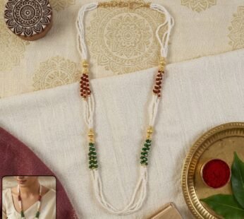 Elegant Multi-Strand Beaded Mala Necklace with Festive Red and Green Accents