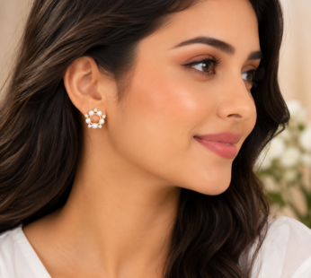 Elegant Pearl & Crystal Halo Stud Earrings – Gold Plated Circular Pearl Earrings for Women