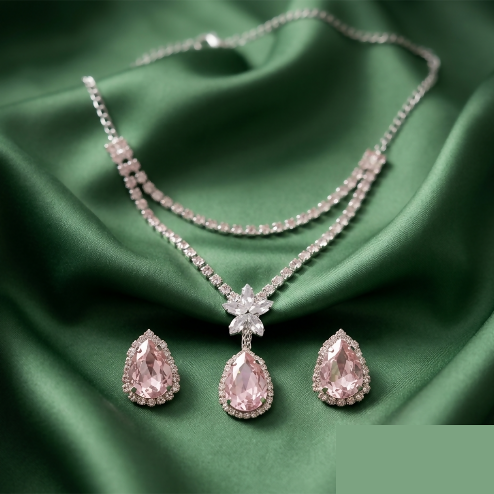Premium Elegant Pink Crystal Pendant Necklace Set with Matching Earrings for Women Party Wear - Buy Online at Alikart
