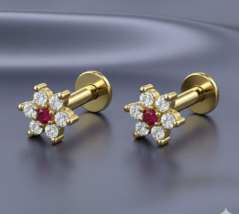 Elegant Ruby Floral Labret Studs – Gold-Plated Piercing Set (2-Pack)